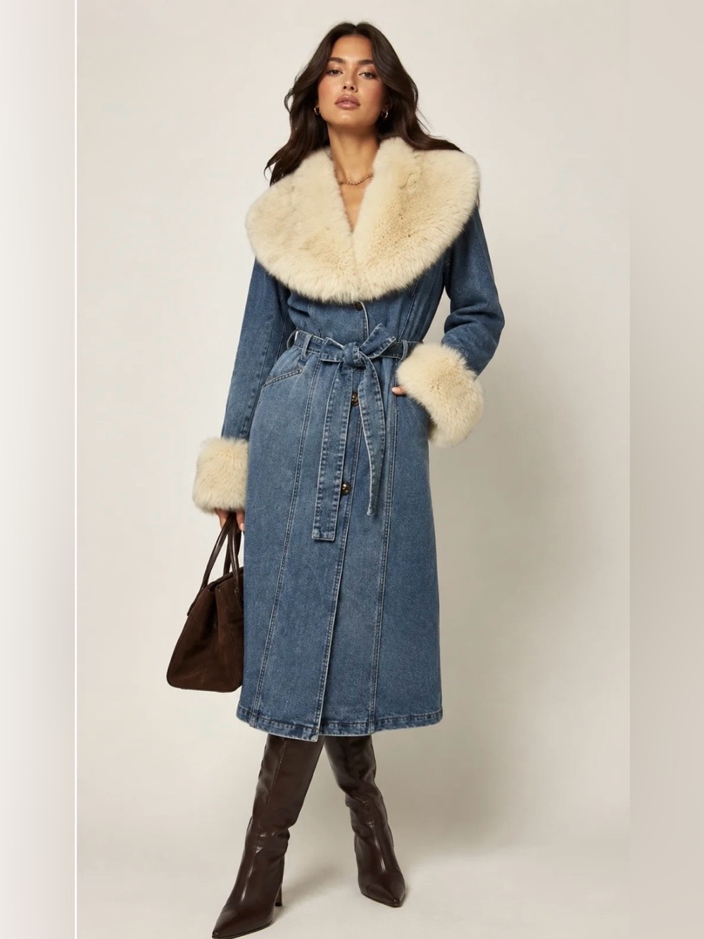 NWT Denim Trench Coat with Cream Faux-Fur Collar